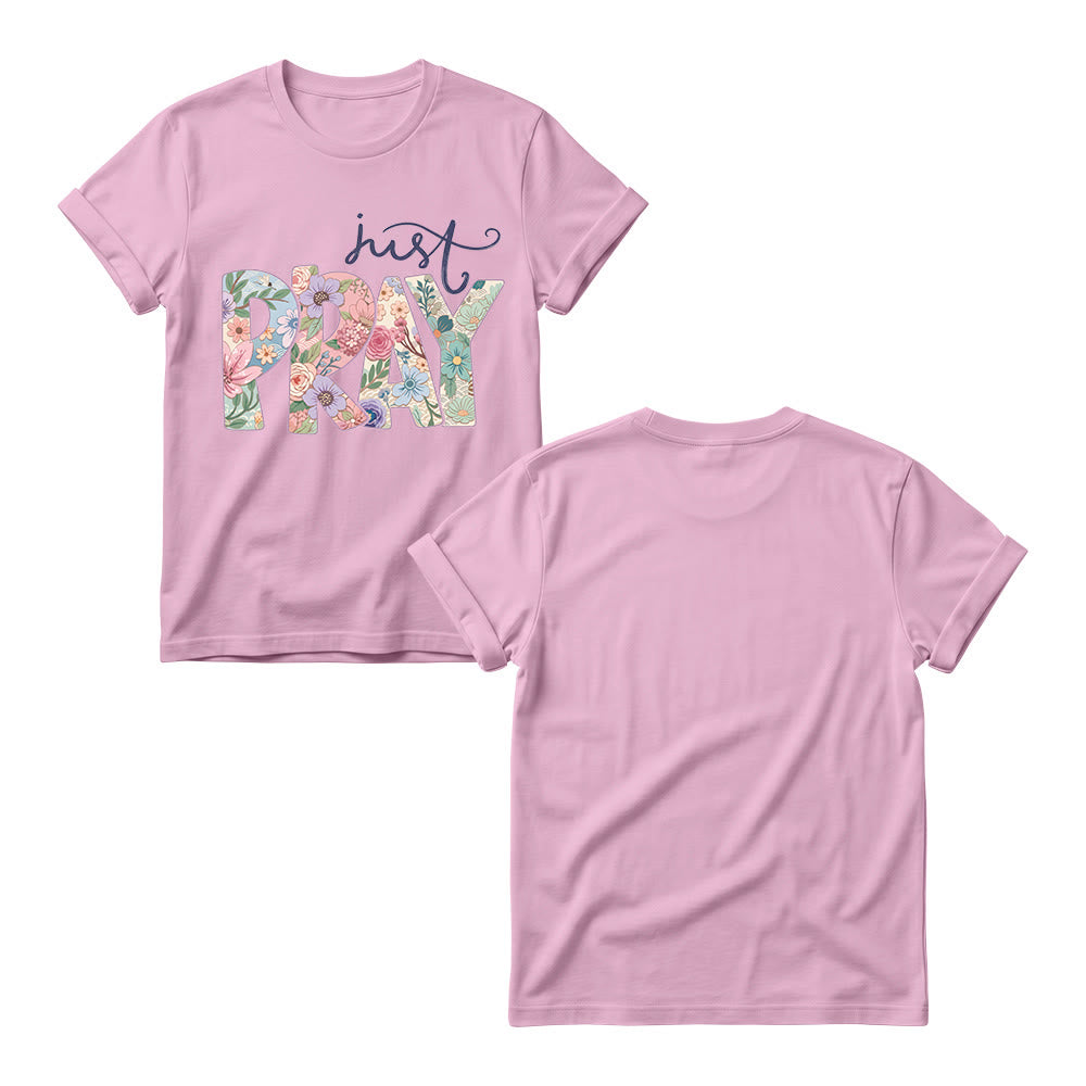 Christianartworkshop T-shirt à col rond pour femme avec motif floral et inscription « Pray » en cursive - image 5