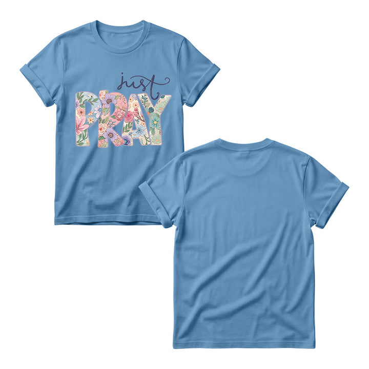 Christianartworkshop T-shirt à col rond pour femme avec motif floral et inscription « Pray » en cursive - image 3