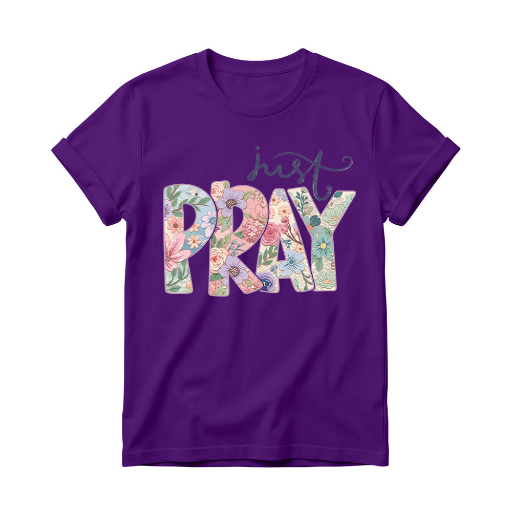 Christianartworkshop T-shirt à col rond pour femme avec motif floral et inscription « Pray » en cursive - Violet - 4XL - image 12