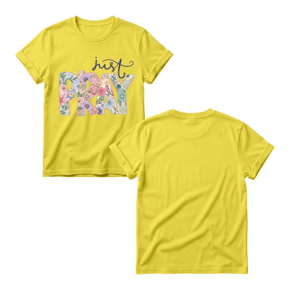 Christianartworkshop T-shirt à col rond pour femme avec motif floral et inscription « Pray » en cursive - image 9