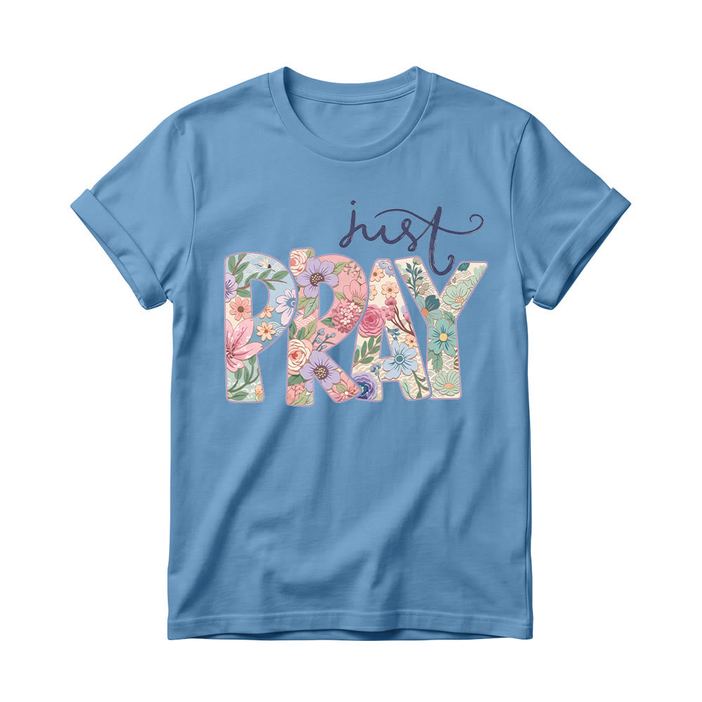 Christianartworkshop T-shirt à col rond pour femme avec motif floral et inscription « Pray » en cursive - Bleu - 4XL - image 2