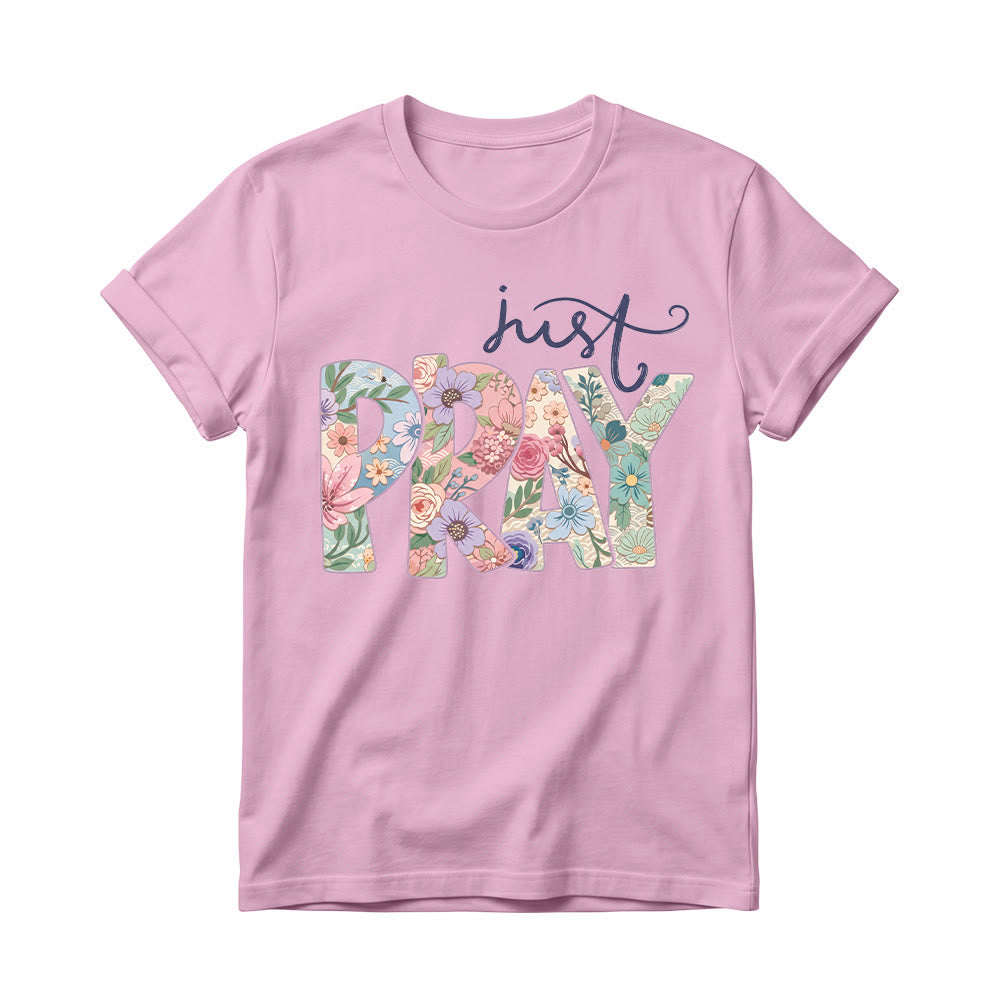 Christianartworkshop T-shirt à col rond pour femme avec motif floral et inscription « Pray » en cursive - Rose - 4XL - image 4