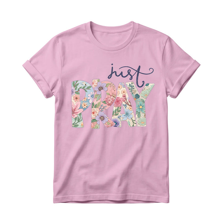 Christianartworkshop T-shirt à col rond pour femme avec motif floral et inscription « Pray » en cursive - Rose - 4XL - image 4