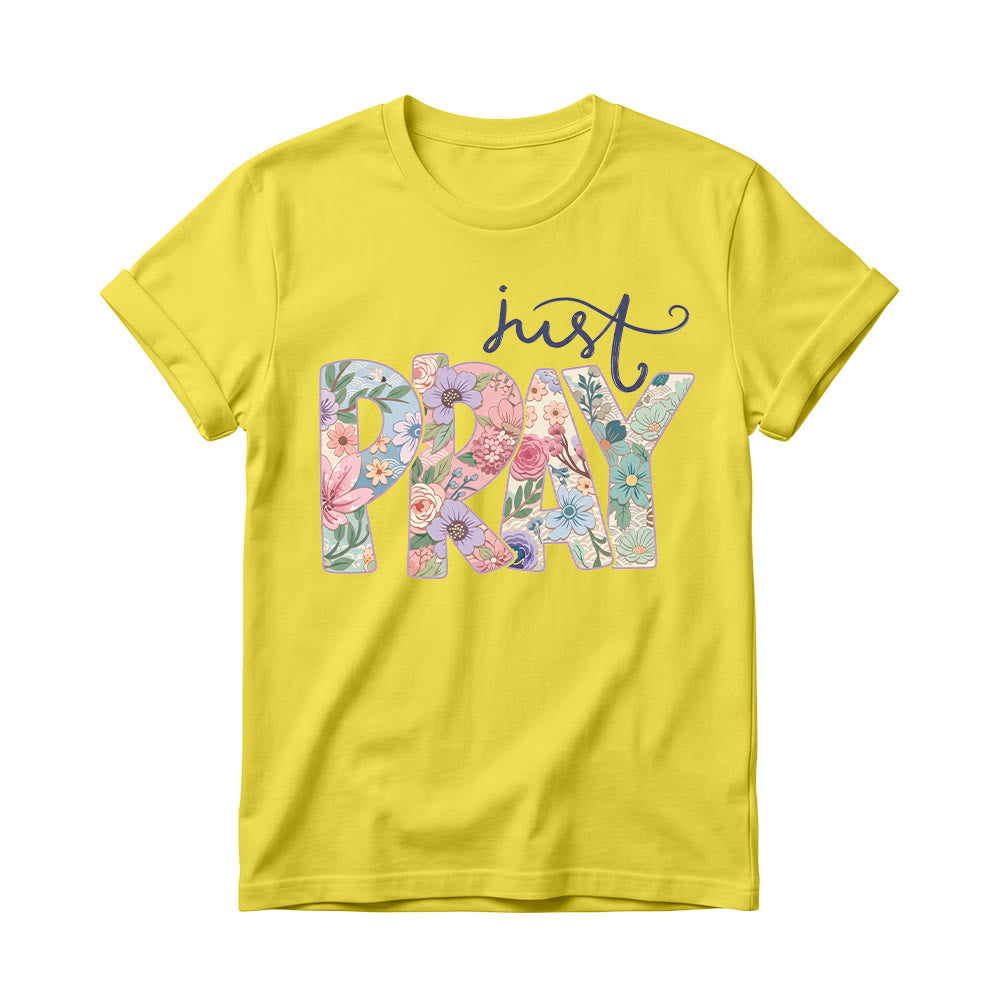 Christianartworkshop T-shirt à col rond pour femme avec motif floral et inscription « Pray » en cursive - Jaune - 4XL - image 8