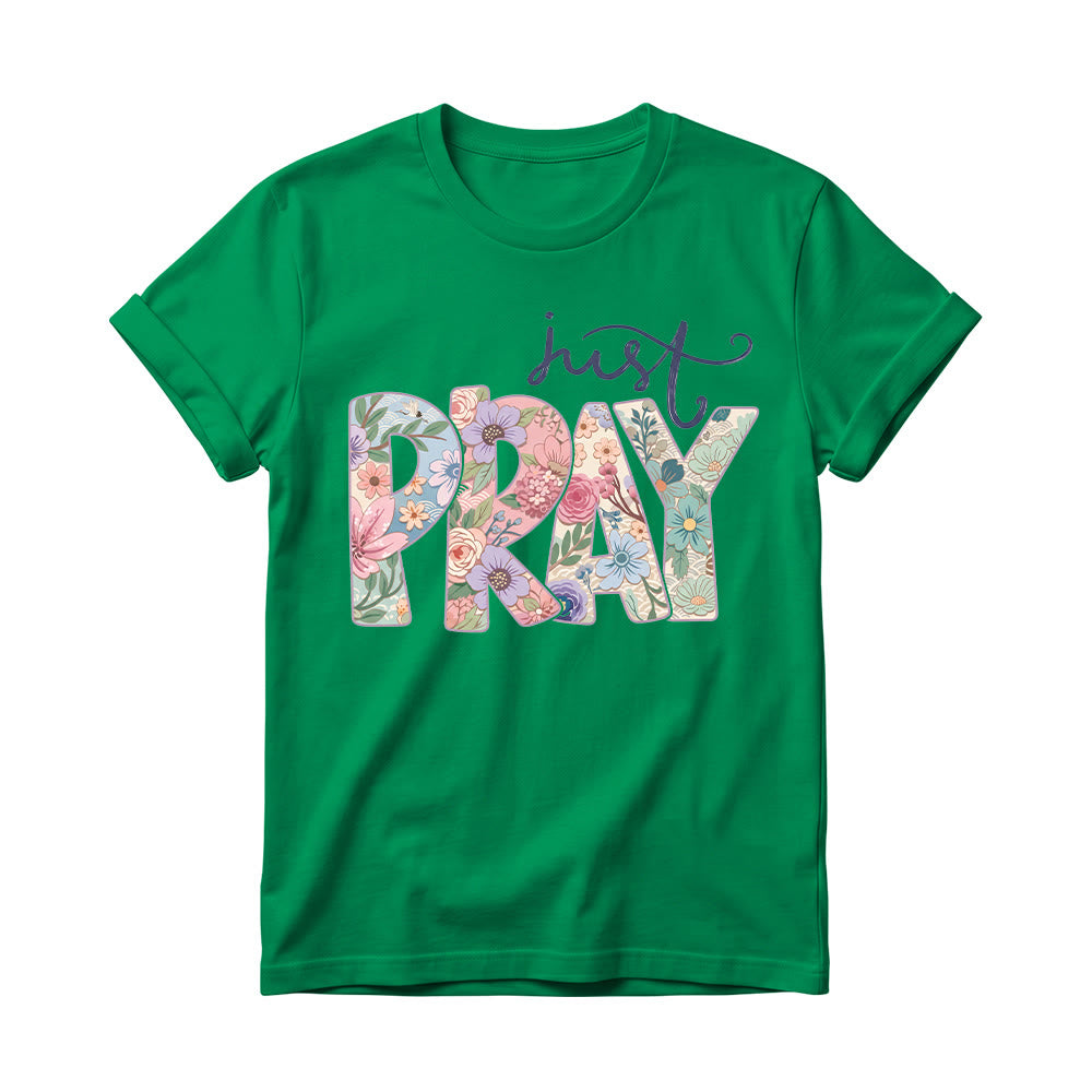 Christianartworkshop T-shirt à col rond pour femme avec motif floral et inscription « Pray » en cursive - Vert - 4XL - image 16