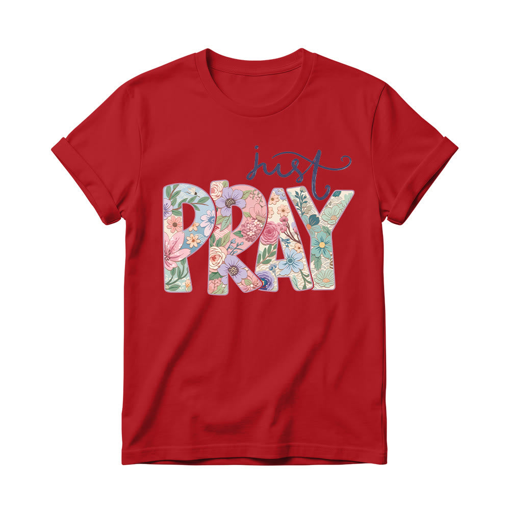 Christianartworkshop T-shirt à col rond pour femme avec motif floral et inscription « Pray » en cursive - Rouge - 4XL - image 14