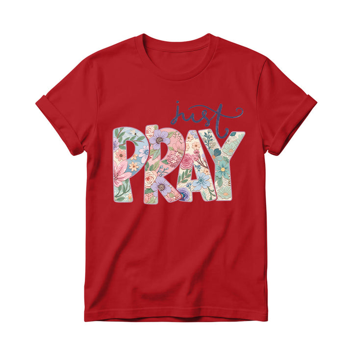 Christianartworkshop T-shirt à col rond pour femme avec motif floral et inscription « Pray » en cursive - Rouge - 4XL - image 14