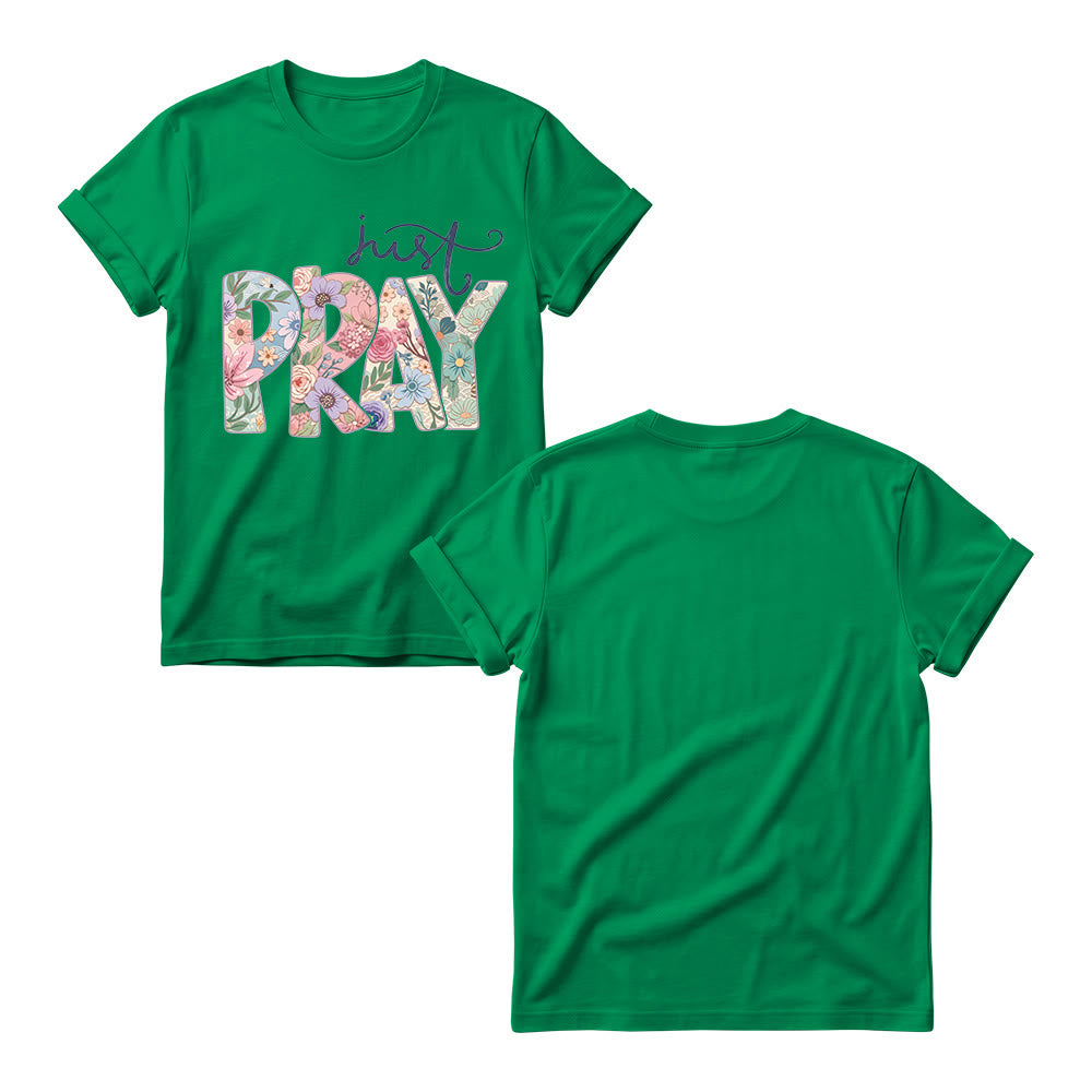 Christianartworkshop T-shirt à col rond pour femme avec motif floral et inscription « Pray » en cursive - image 17