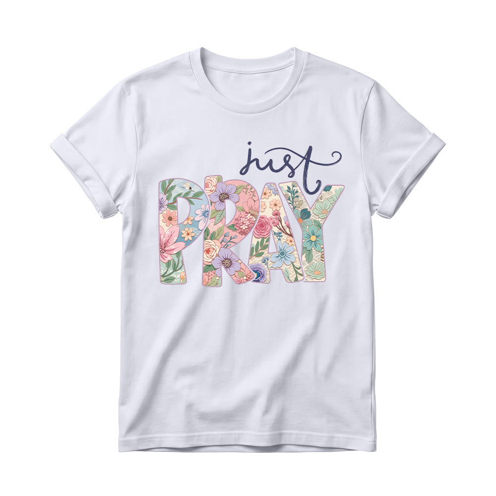 Christianartworkshop T-shirt à col rond pour femme avec motif floral et inscription « Pray » en cursive - Blanc - 4XL - image 6