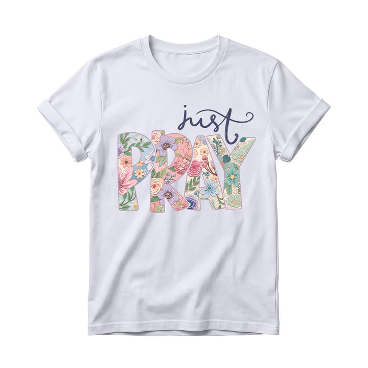 Christianartworkshop T-shirt à col rond pour femme avec motif floral et inscription « Pray » en cursive - Blanc - 4XL - image 6