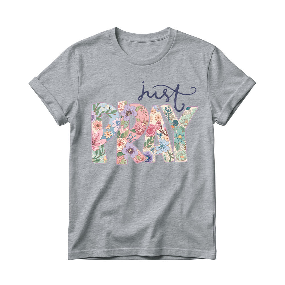 Christianartworkshop T-shirt à col rond pour femme avec motif floral et inscription « Pray » en cursive - Gris - 4XL - image 10