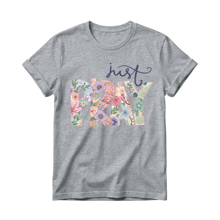 Christianartworkshop T-shirt à col rond pour femme avec motif floral et inscription « Pray » en cursive - Gris - 4XL - image 10