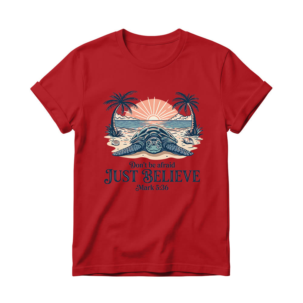Christianartworkshop T-shirt à col rond pour femme, motif coucher de soleil sur la plage, palmier et tortue marine. « N’aie pas peur, crois simplement » (Marc 5:36). - Rouge - 4XL - image 14