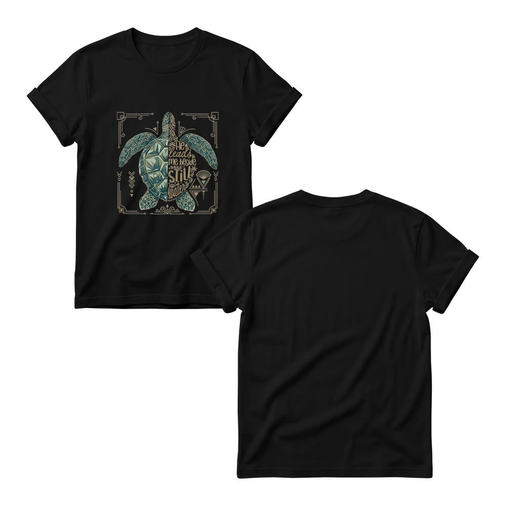 Christianartworkshop T-shirt à col rond pour femme avec bordure ornée d'une tortue marine géométrique fendue et d'une phrase dévotionnelle tirée d'un psaume - image 3