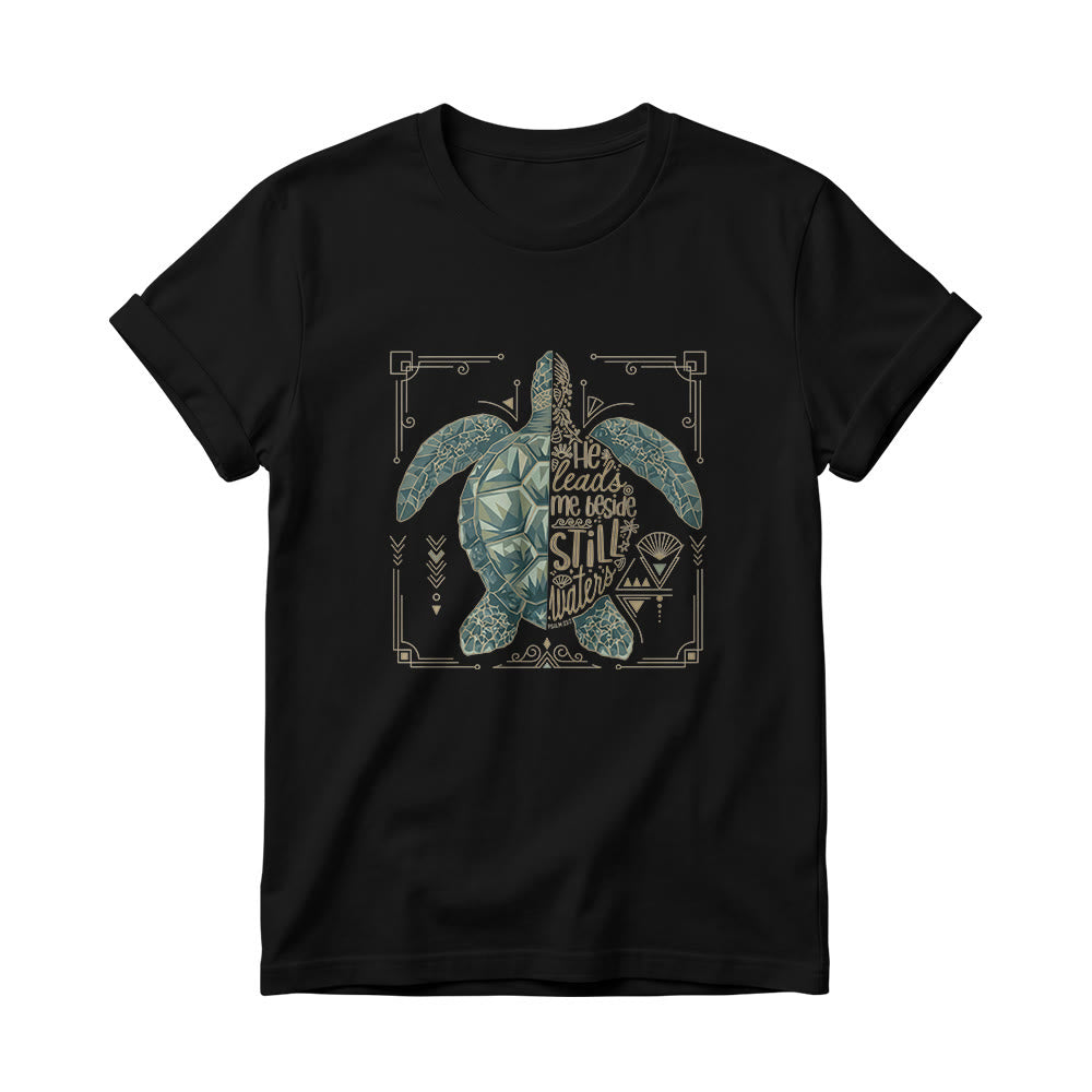 Christianartworkshop T-shirt à col rond pour femme avec bordure ornée d'une tortue marine géométrique fendue et d'une phrase dévotionnelle tirée d'un psaume - Noir - 4XL - image 2