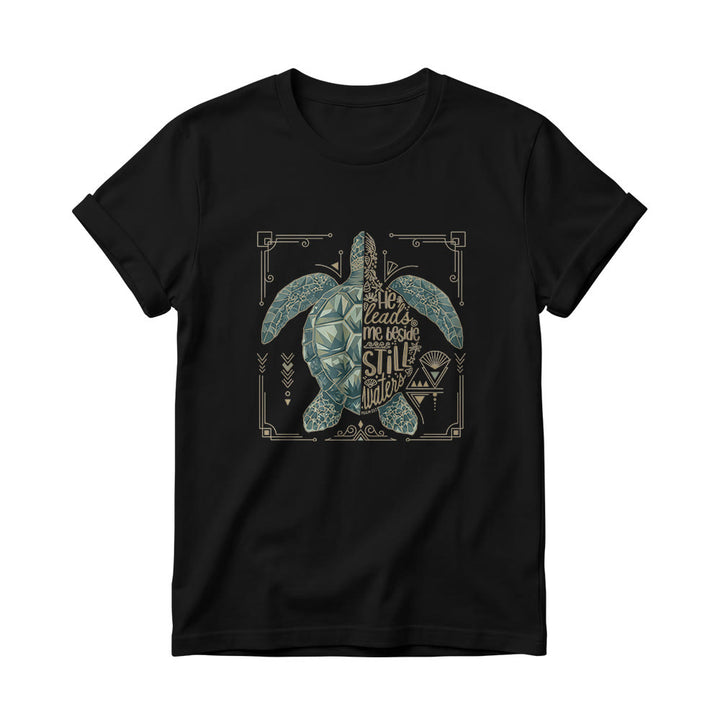 Christianartworkshop T-shirt à col rond pour femme avec bordure ornée d'une tortue marine géométrique fendue et d'une phrase dévotionnelle tirée d'un psaume - Noir - 4XL - image 2