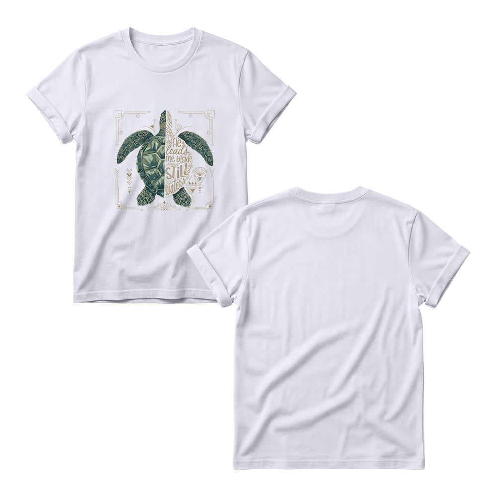 Christianartworkshop T-shirt à col rond pour femme avec bordure ornée d'une tortue marine géométrique fendue et d'une phrase dévotionnelle tirée d'un psaume - image 7
