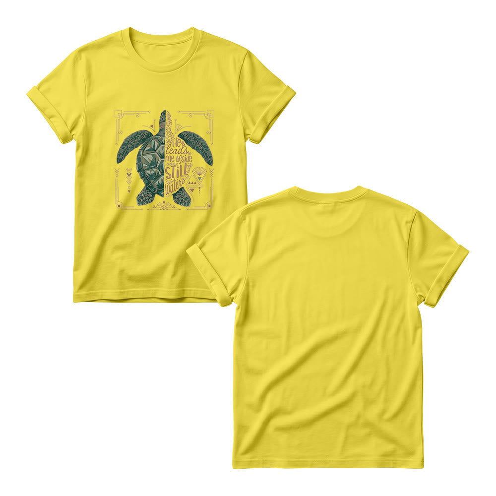 Christianartworkshop T-shirt à col rond pour femme avec bordure ornée d'une tortue marine géométrique fendue et d'une phrase dévotionnelle tirée d'un psaume - image 9