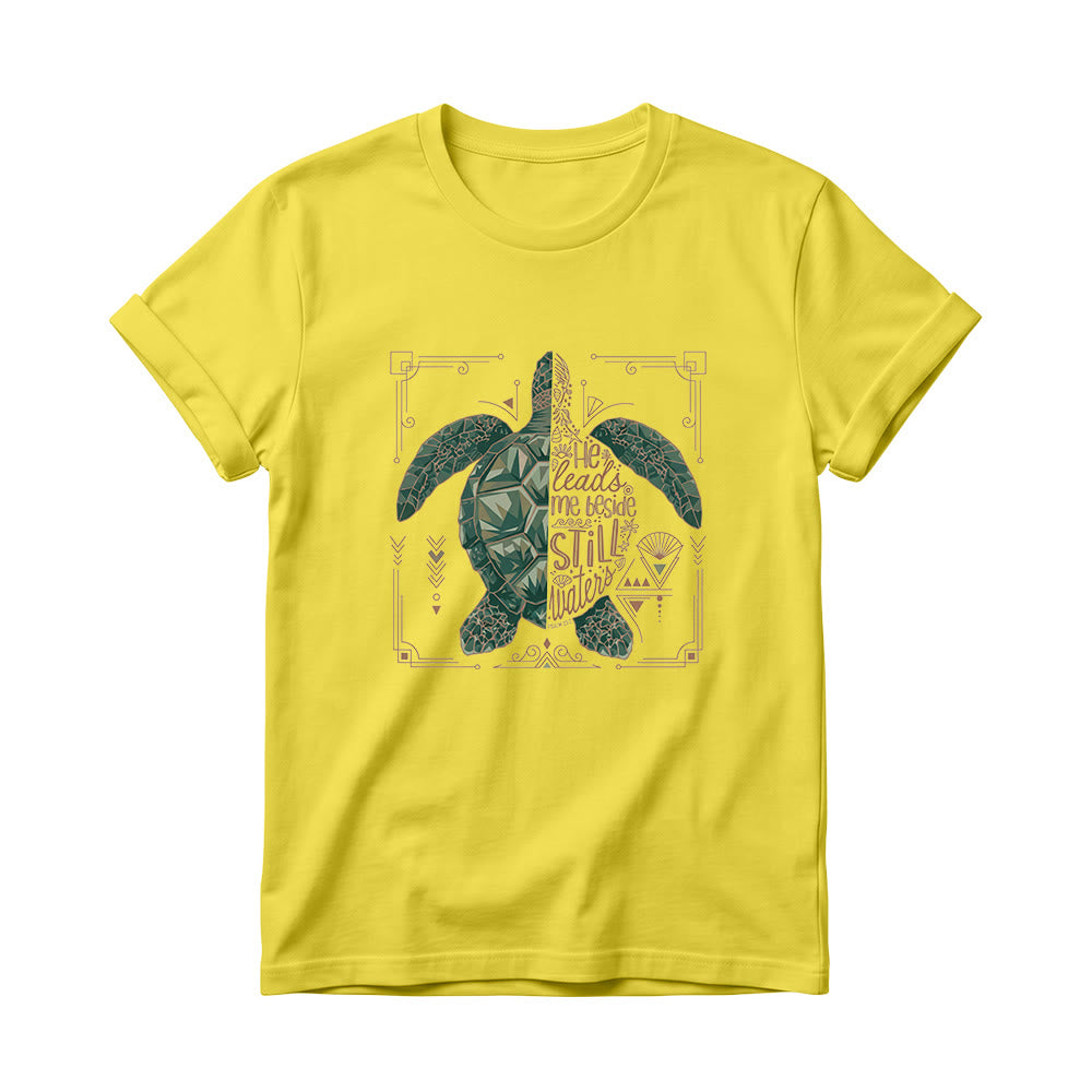 Christianartworkshop T-shirt à col rond pour femme avec bordure ornée d'une tortue marine géométrique fendue et d'une phrase dévotionnelle tirée d'un psaume - Jaune - 4XL - image 8