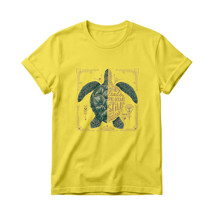 Christianartworkshop T-shirt à col rond pour femme avec bordure ornée d'une tortue marine géométrique fendue et d'une phrase dévotionnelle tirée d'un psaume - Jaune - 4XL - image 8