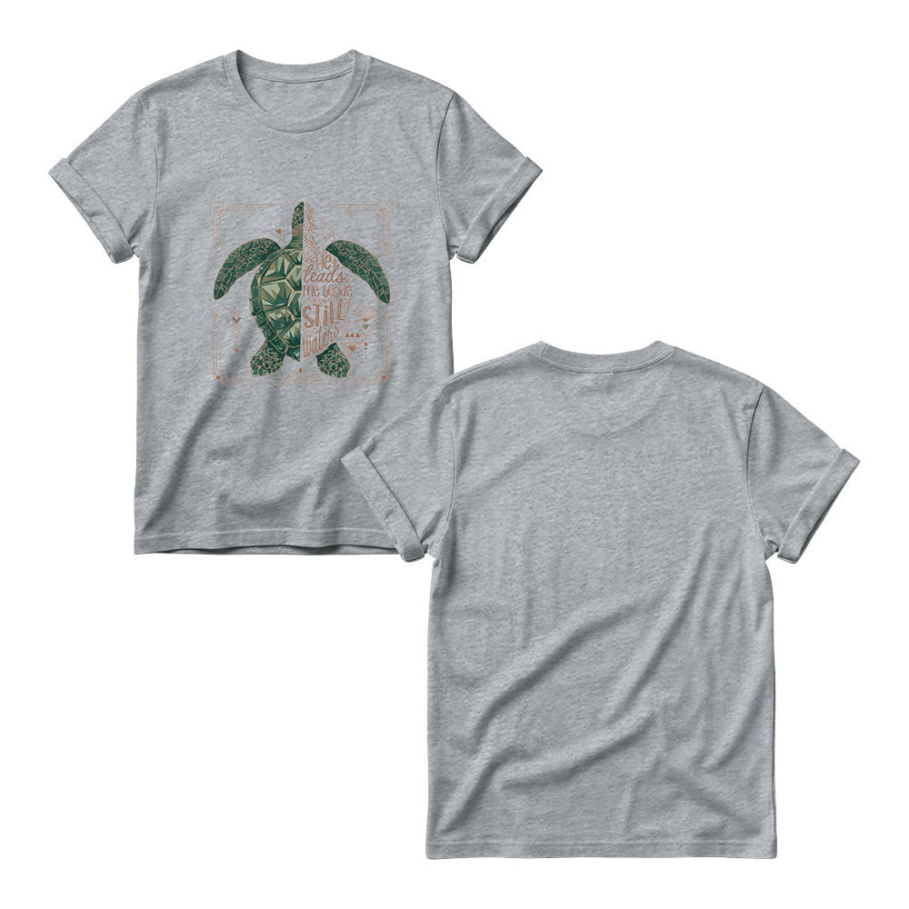 Christianartworkshop T-shirt à col rond pour femme avec bordure ornée d'une tortue marine géométrique fendue et d'une phrase dévotionnelle tirée d'un psaume - image 11