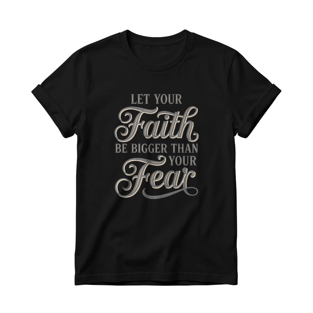 Christianartworkshop T-shirt décontracté à col rond pour femme avec accent décoratif en écriture cursive « Foi et Peur » - Noir - 4XL - image 7