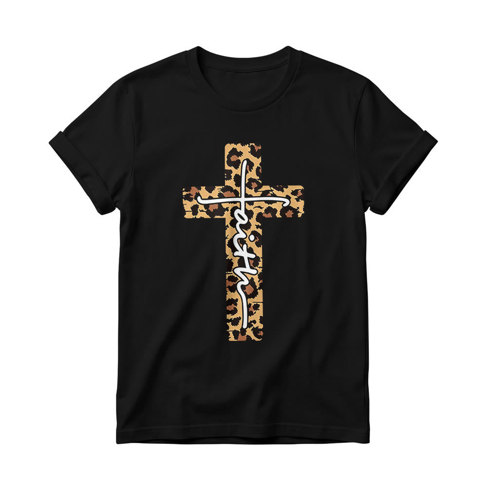 Christianartworkshop T-shirt à col rond pour femme avec imprimé léopard, croix verticale et inscription manuscrite « Foi » à l'intérieur - Noir - 4XL - image 8