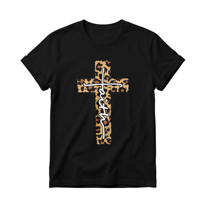 Christianartworkshop T-shirt à col rond pour femme avec imprimé léopard, croix verticale et inscription manuscrite « Foi » à l'intérieur - Noir - 4XL - image 8