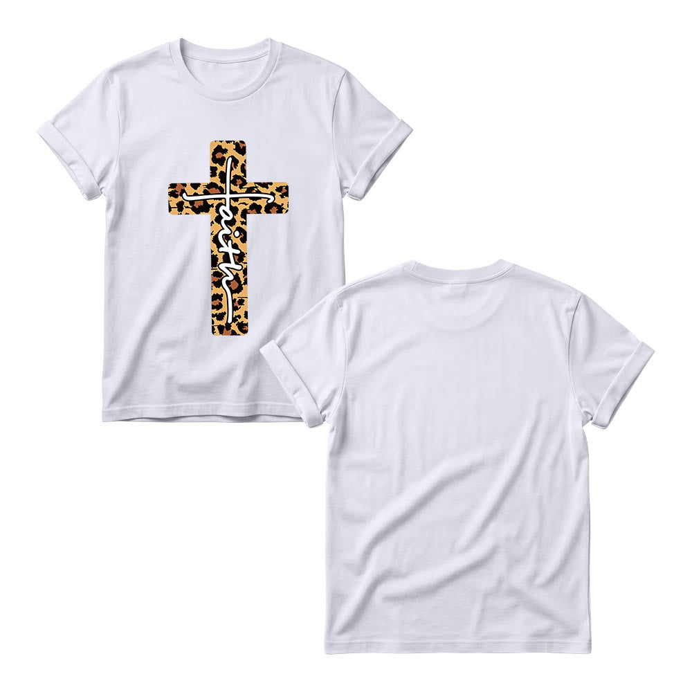 Christianartworkshop T-shirt à col rond pour femme avec imprimé léopard, croix verticale et inscription manuscrite « Foi » à l'intérieur - image 3