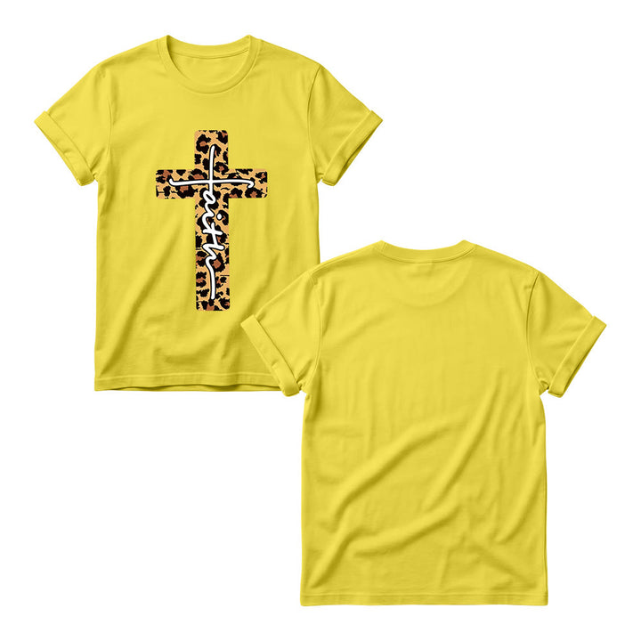 Christianartworkshop T-shirt à col rond pour femme avec imprimé léopard, croix verticale et inscription manuscrite « Foi » à l'intérieur - image 1