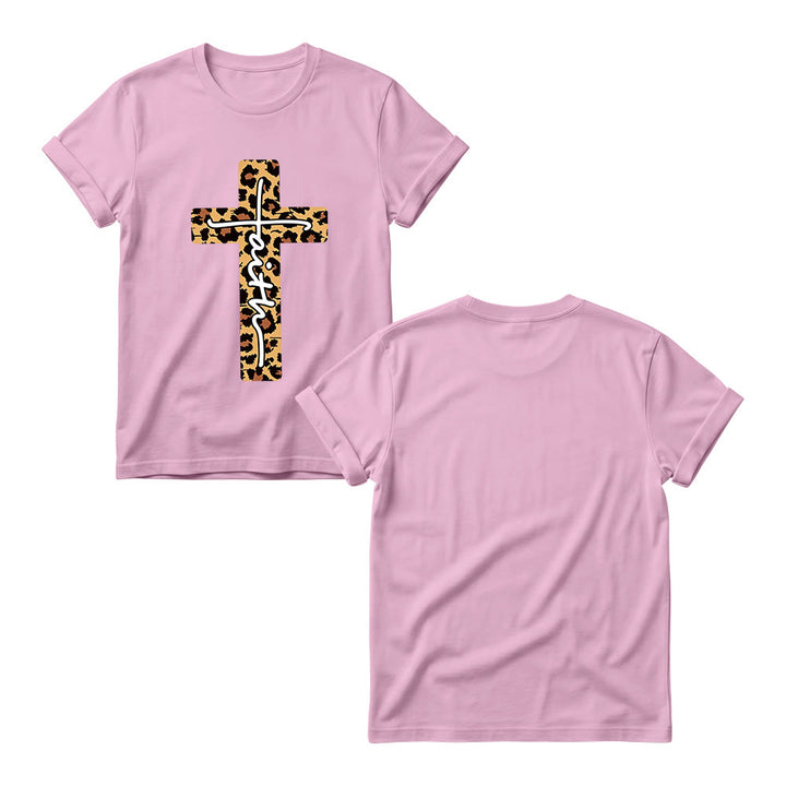 Christianartworkshop T-shirt à col rond pour femme avec imprimé léopard, croix verticale et inscription manuscrite « Foi » à l'intérieur - image 11