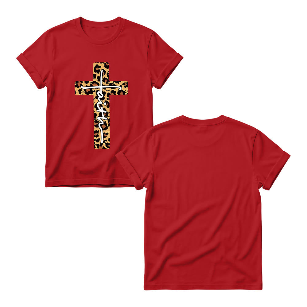 Christianartworkshop T-shirt à col rond pour femme avec imprimé léopard, croix verticale et inscription manuscrite « Foi » à l'intérieur - image 15