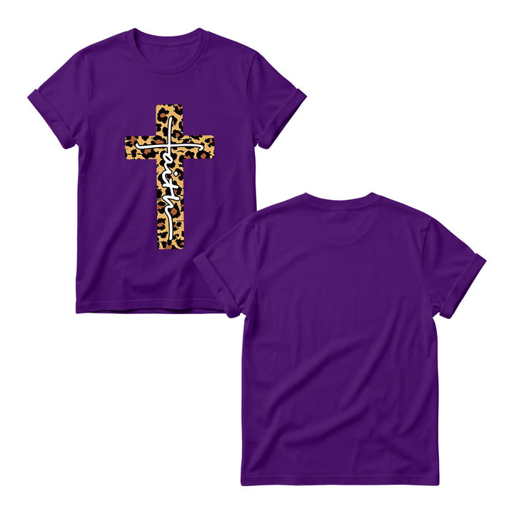 Christianartworkshop T-shirt à col rond pour femme avec imprimé léopard, croix verticale et inscription manuscrite « Foi » à l'intérieur - image 5