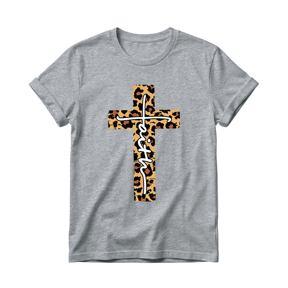 Christianartworkshop T-shirt à col rond pour femme avec imprimé léopard, croix verticale et inscription manuscrite « Foi » à l'intérieur - Gris - 4XL - image 12