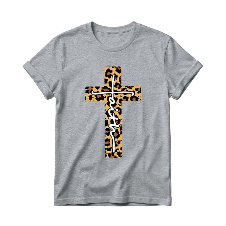 Christianartworkshop T-shirt à col rond pour femme avec imprimé léopard, croix verticale et inscription manuscrite « Foi » à l'intérieur - Gris - 4XL - image 12