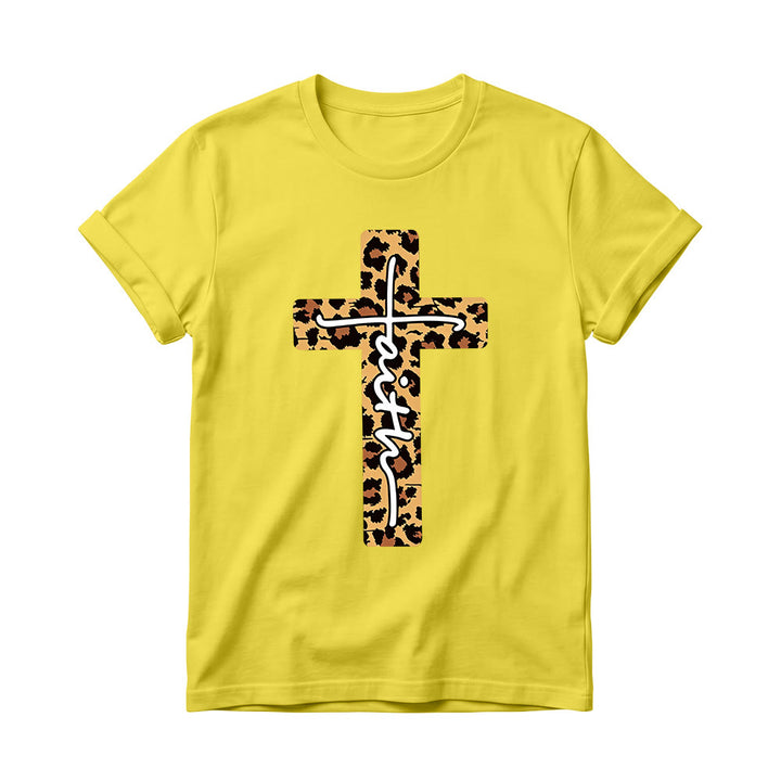 Christianartworkshop T-shirt à col rond pour femme avec imprimé léopard, croix verticale et inscription manuscrite « Foi » à l'intérieur - Jaune - 4XL - image 0