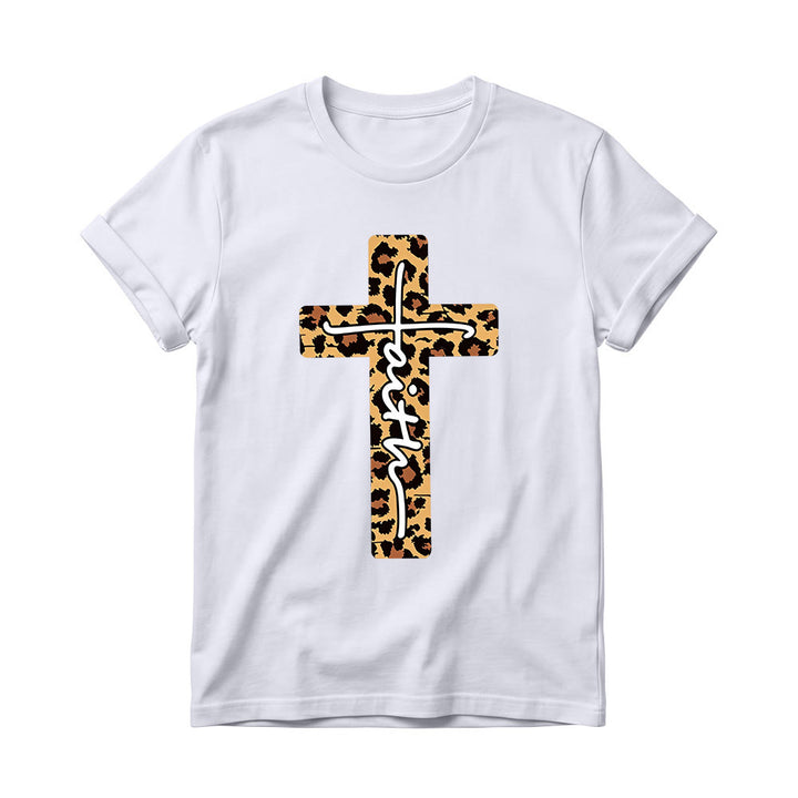 Christianartworkshop T-shirt à col rond pour femme avec imprimé léopard, croix verticale et inscription manuscrite « Foi » à l'intérieur - Blanc - 4XL - image 2