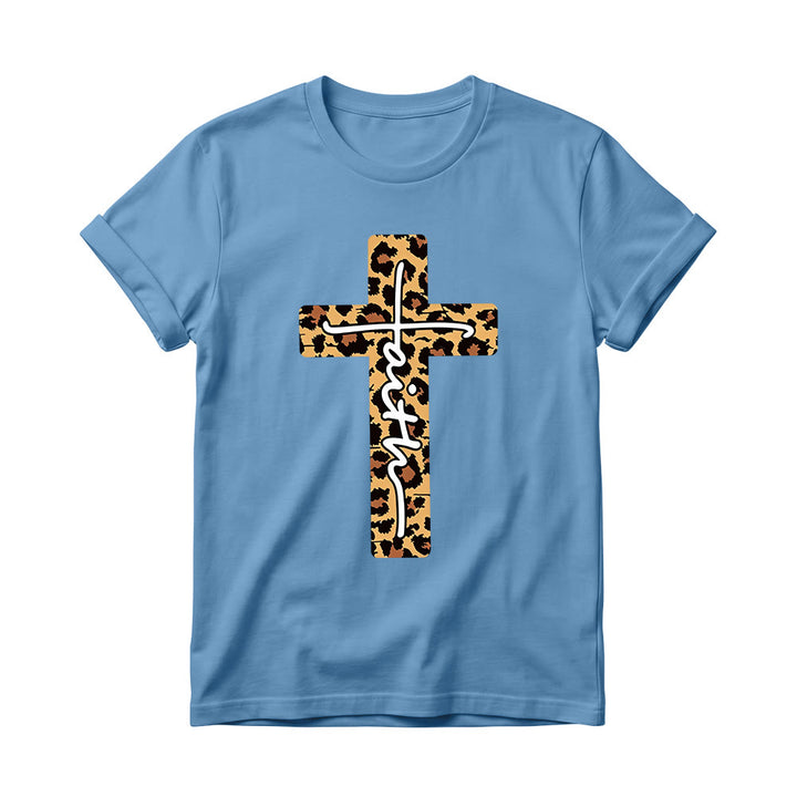 Christianartworkshop T-shirt à col rond pour femme avec imprimé léopard, croix verticale et inscription manuscrite « Foi » à l'intérieur - Bleu - 4XL - image 6