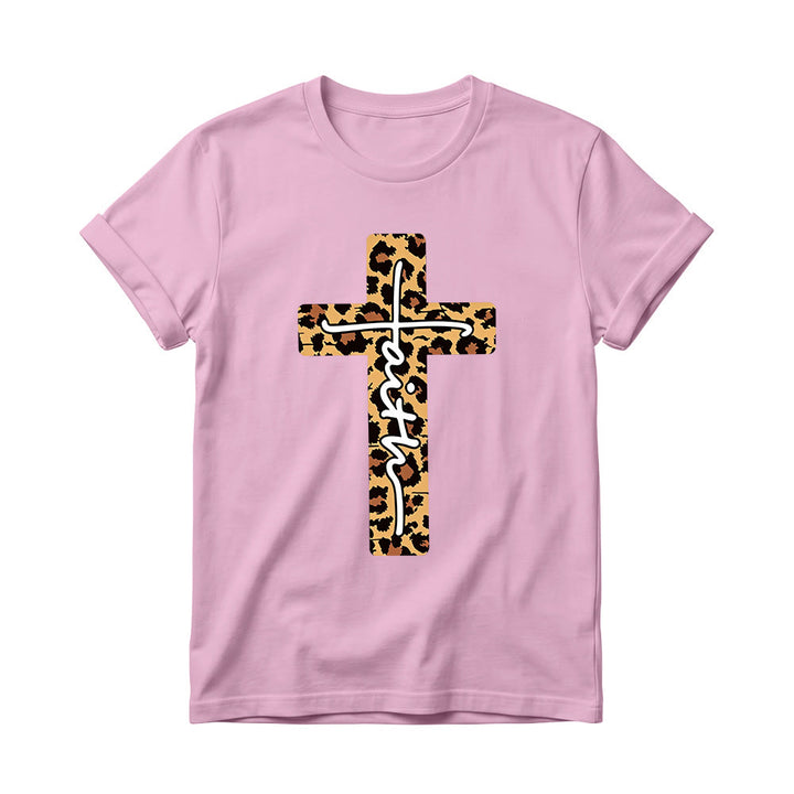 Christianartworkshop T-shirt à col rond pour femme avec imprimé léopard, croix verticale et inscription manuscrite « Foi » à l'intérieur - Rose - 4XL - image 10
