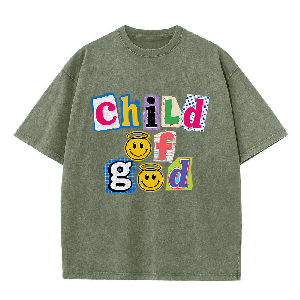 Christianartworkshop T-shirt délavé avec collage découpé, incrustation d'un visage souriant de l'Enfant de Dieu sur le devant et impression lavée - Vert armée - 5XL - image 8