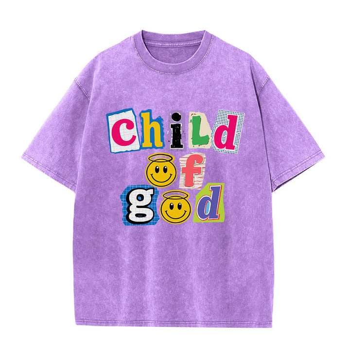 Christianartworkshop T-shirt délavé avec collage découpé, incrustation d'un visage souriant de l'Enfant de Dieu sur le devant et impression lavée - Violet - 5XL - image 6