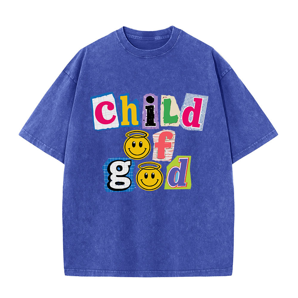 Christianartworkshop T-shirt délavé avec collage découpé, incrustation d'un visage souriant de l'Enfant de Dieu sur le devant et impression lavée - Bleu - 5XL - image 4