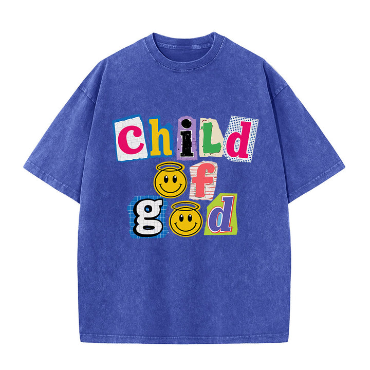 Christianartworkshop T-shirt délavé avec collage découpé, incrustation d'un visage souriant de l'Enfant de Dieu sur le devant et impression lavée - Bleu - 5XL - image 4