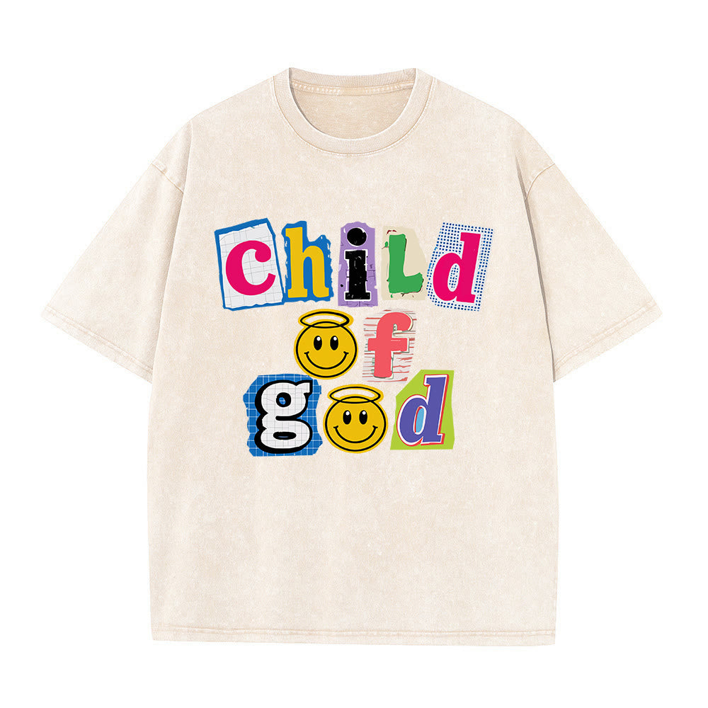 Christianartworkshop T-shirt délavé avec collage découpé, incrustation d'un visage souriant de l'Enfant de Dieu sur le devant et impression lavée - Beige - 5XL - image 1