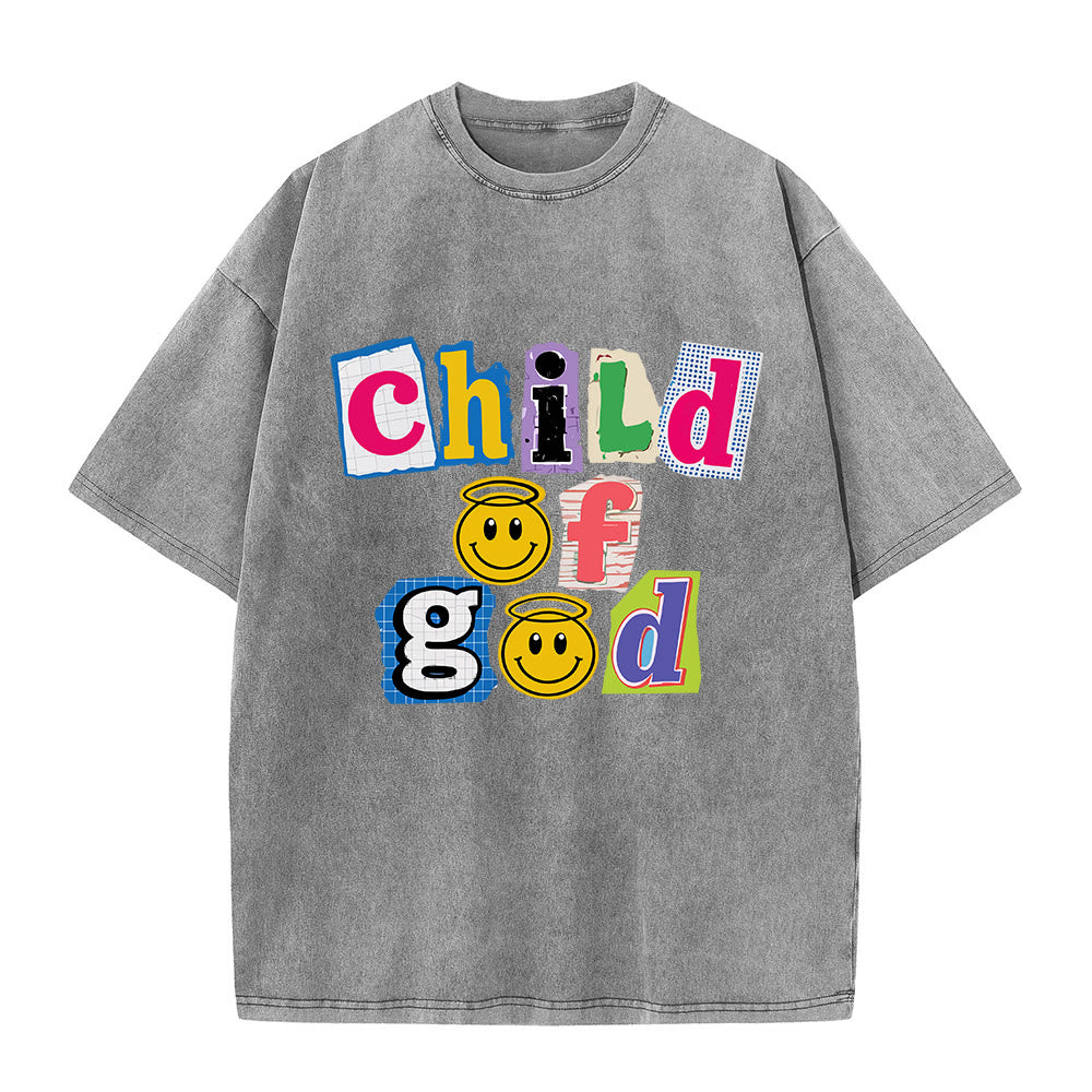 Christianartworkshop T-shirt délavé avec collage découpé, incrustation d'un visage souriant de l'Enfant de Dieu sur le devant et impression lavée - Gris - 5XL - image 3