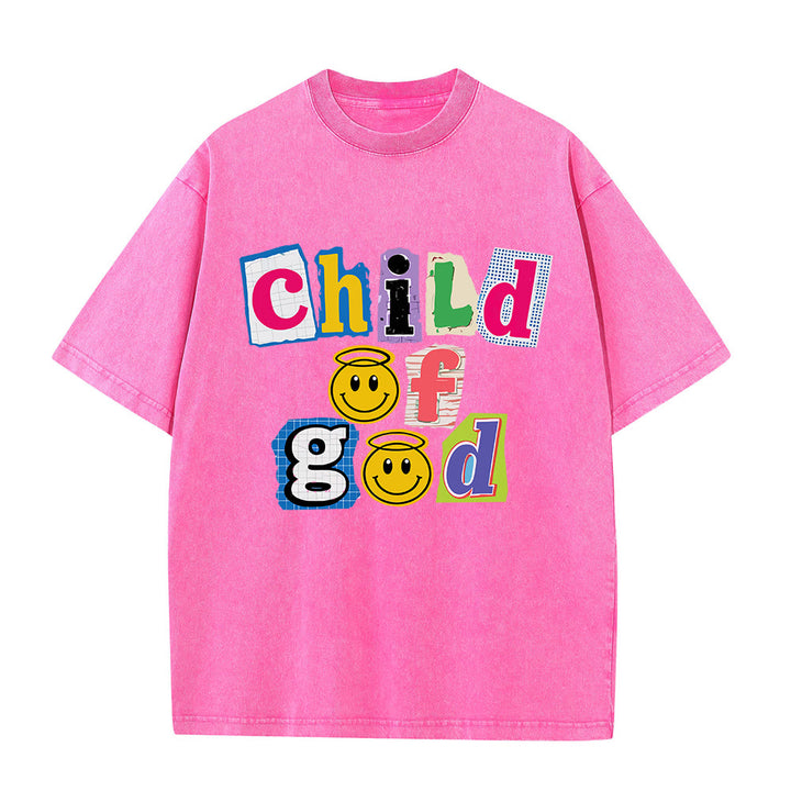 Christianartworkshop T-shirt délavé avec collage découpé, incrustation d'un visage souriant de l'Enfant de Dieu sur le devant et impression lavée - Rose - 5XL - image 7