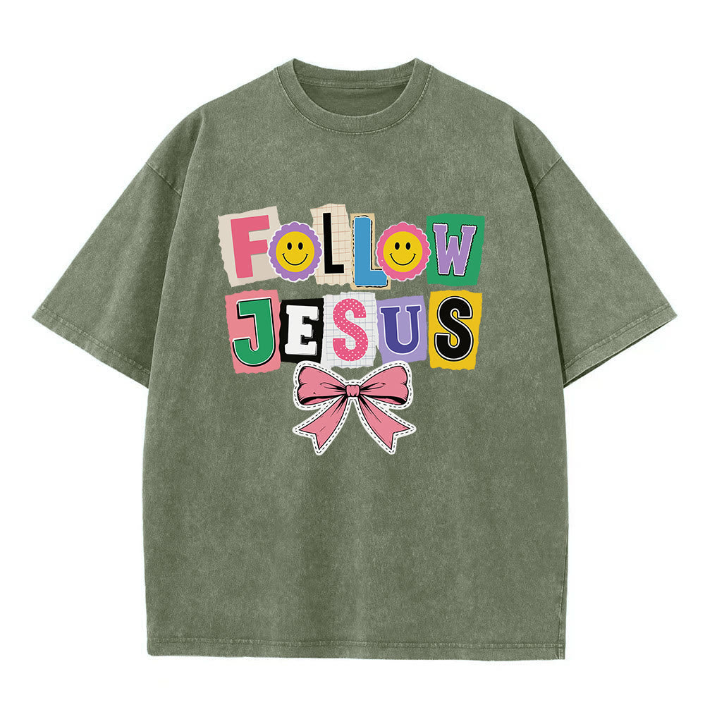Christianartworkshop Lettre de scrapbooking Suivez Jésus Embellissement Nœud Ornement T-shirt délavé - Vert armée - 5XL - image 8