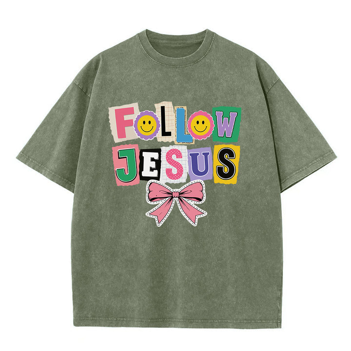 Christianartworkshop Lettre de scrapbooking Suivez Jésus Embellissement Nœud Ornement T-shirt délavé - Vert armée - 5XL - image 8