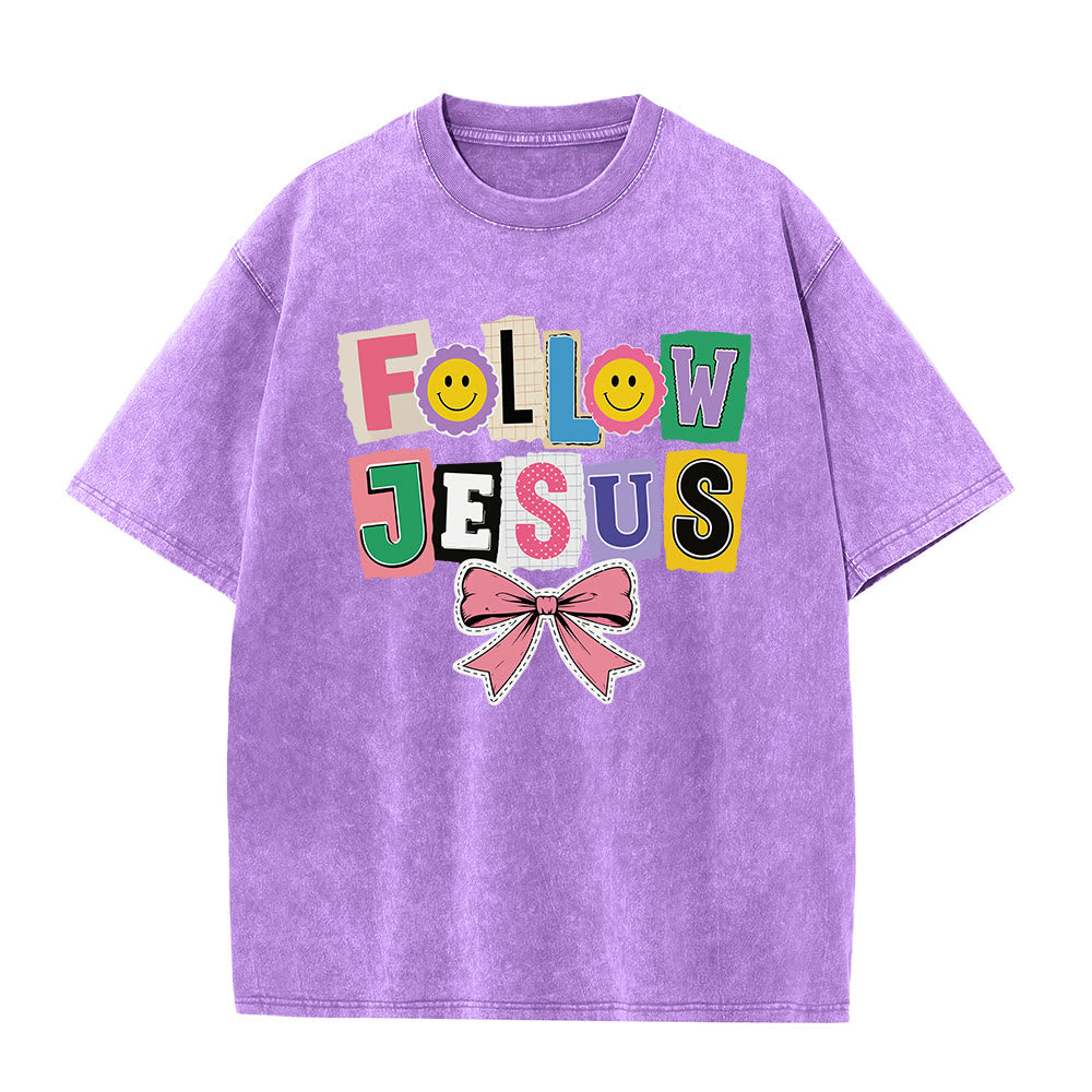 Christianartworkshop Lettre de scrapbooking Suivez Jésus Embellissement Nœud Ornement T-shirt délavé - Violet - 5XL - image 6