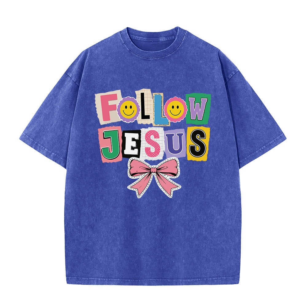 Christianartworkshop Lettre de scrapbooking Suivez Jésus Embellissement Nœud Ornement T-shirt délavé - Bleu - 5XL - image 5
